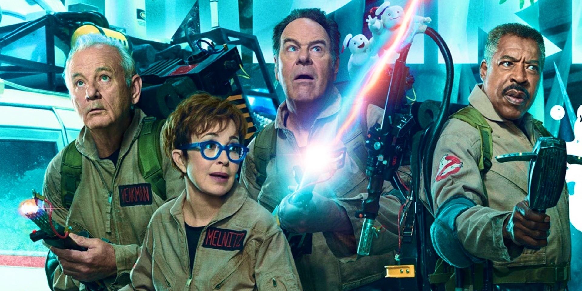 Bill Murray as Venkman, Annie Potts as Janine, Dan Aykroyd as Ray and Ernie Hudson as Winston in Ghostbusters: Frozen Empire's poster