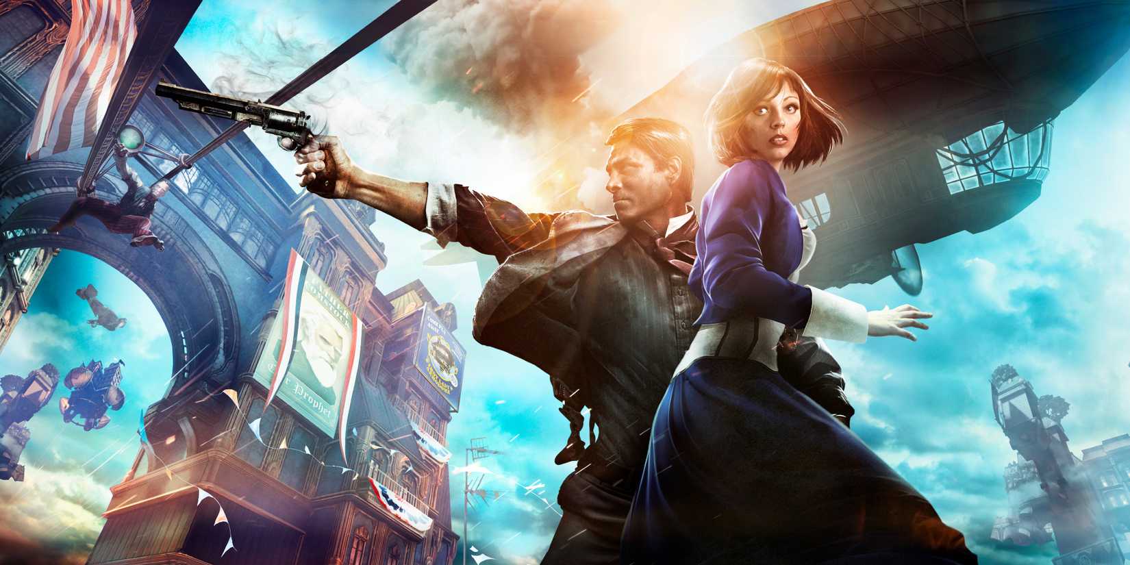 Promo art for BioShock Infinite, showing Booker and Elizabeth standing in Columbia while a zeppelin flies overhead.