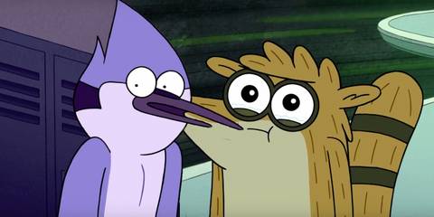 Mordecai and Rigby looking shocked in Regular Show