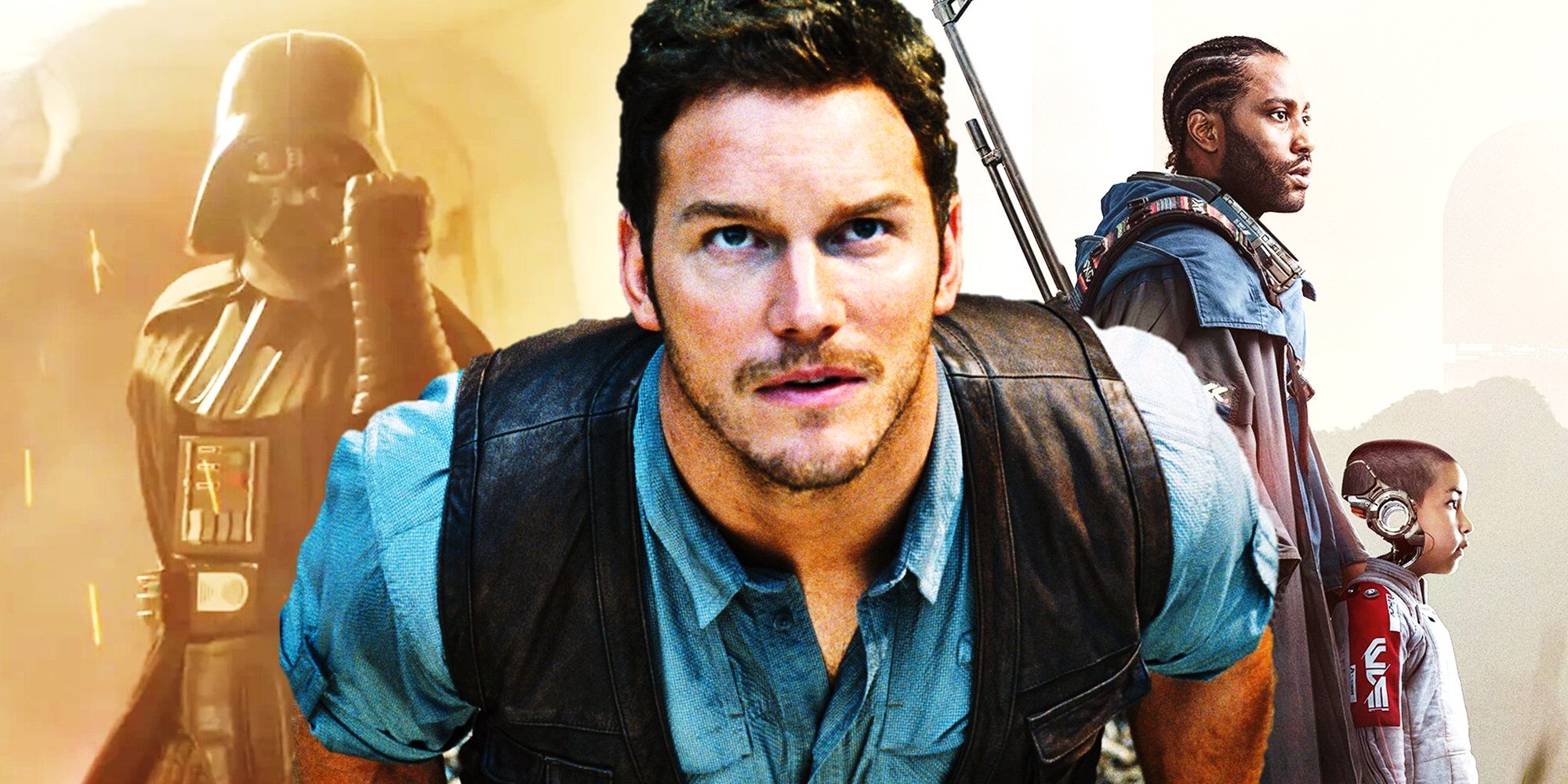 Collage of Darth Vader in Rogue One, Owen Grady in Jurassic World, and Taylor and Alphie in The Creator