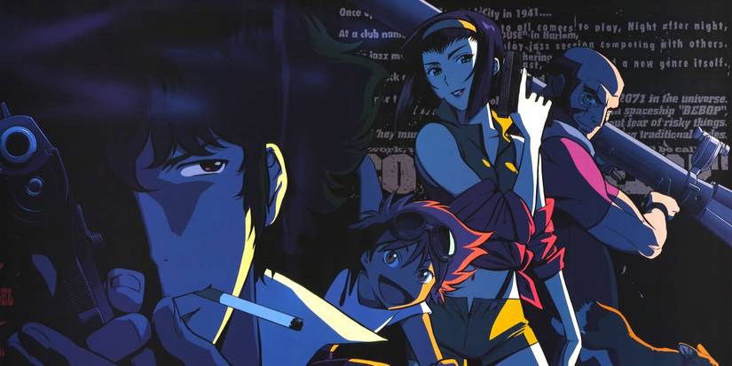 Cowboy Bebop image of the cast, featuring Spike, Faye, Ed, and Jet ready to fight