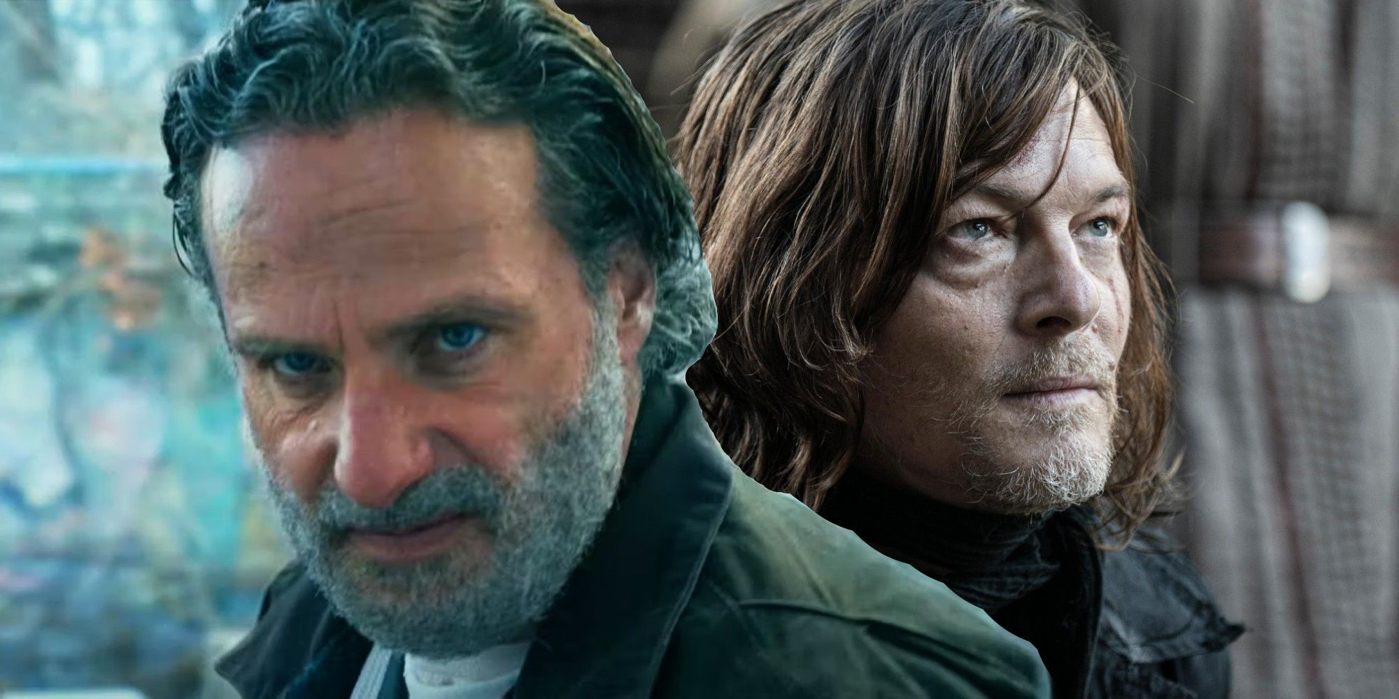 Custom image of Rick Grimes looking angry on The Walking Dead The Ones Who Live and Daryl Dixon looking up stonefaced on The Walking Dead Daryl Dixon