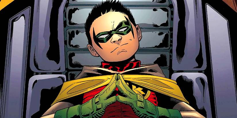 Arte de quadrinhos: Damian Wayne como Robin, sorrindo sentado em uma grande cadeira.
