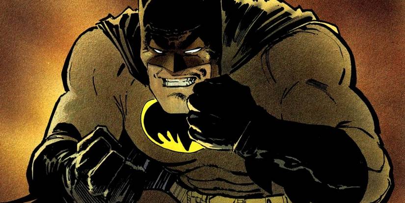 Comic book art: Batman hunches over, preparing to throw a punch.