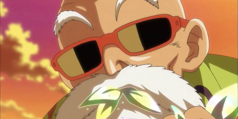 Master Roshi eating Dragon Ball Super's Paradise Herb at sunset with an amused look on his face.