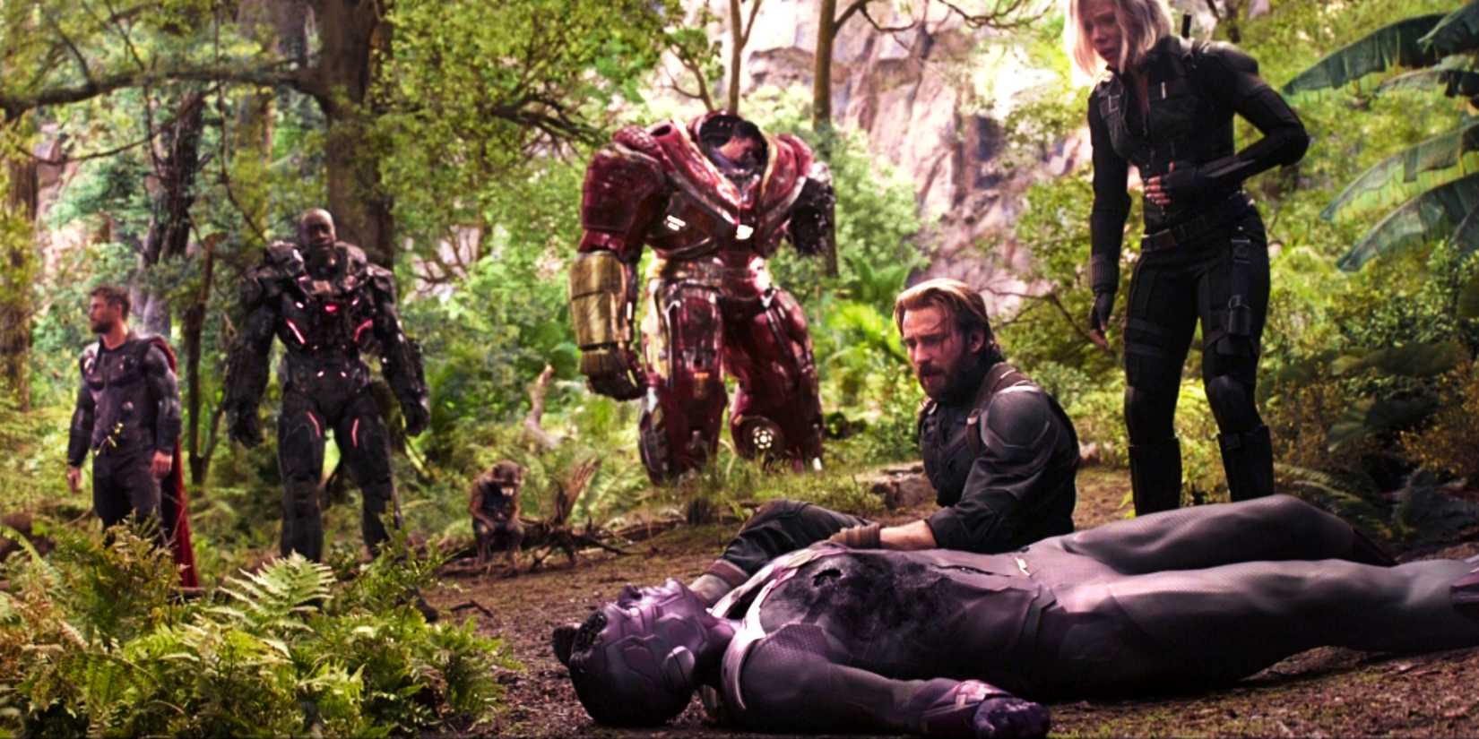 Defeated Avengers and Dead Vision After Thanos Snap in Avengers Infinity War