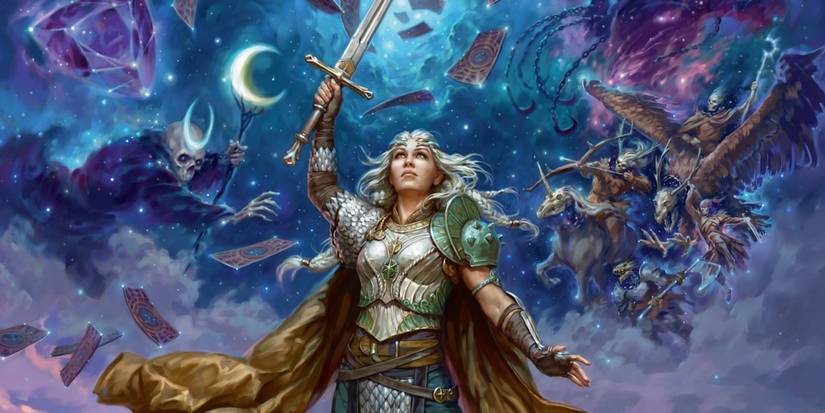 DnD Female warrior holds her weapon up as in the background skeletal figures and strange cards appear from starry sky
