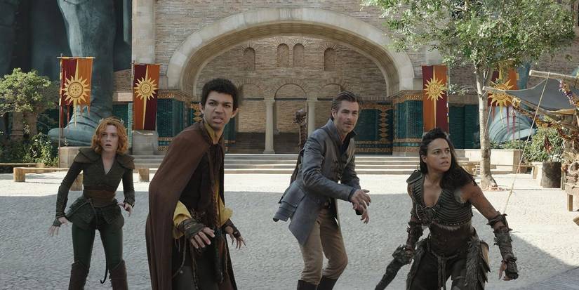 Dungeons & Dragons: Honor Among Thieves characters facing something offscreen. 