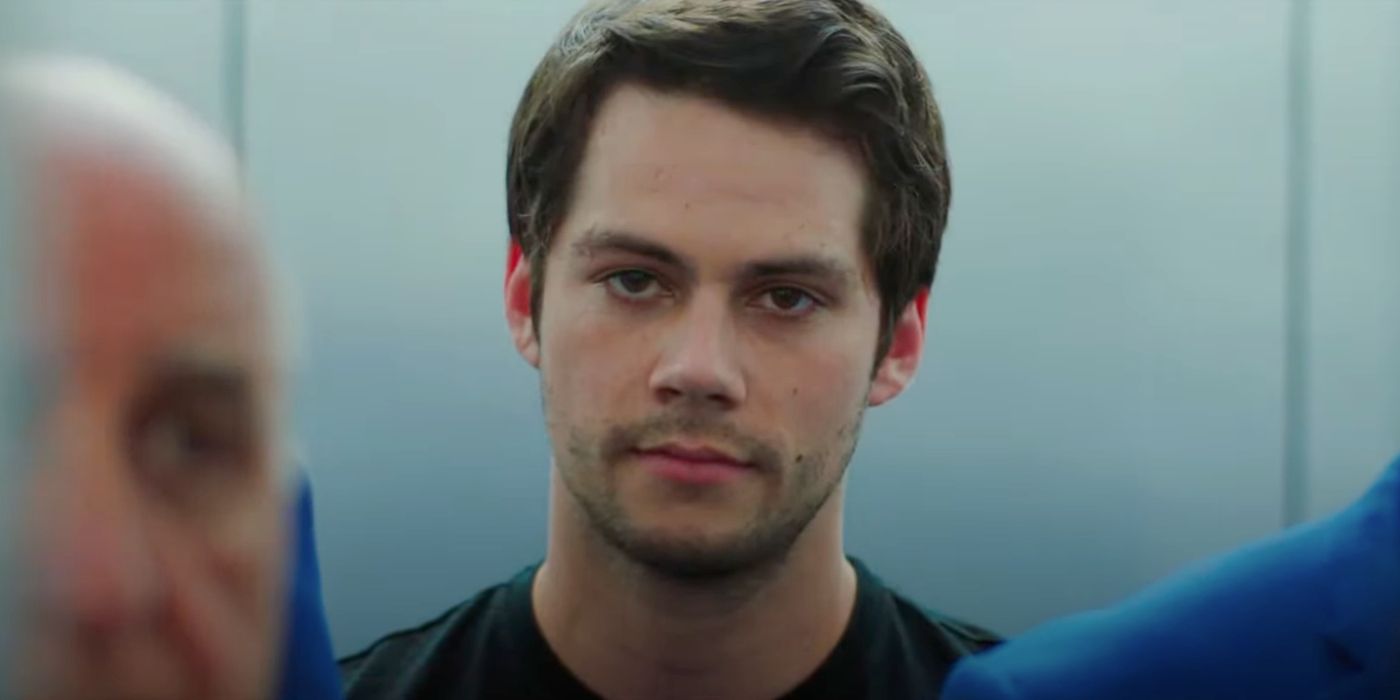 Dylan O'Brien as Mitch Rapp in an elevator in American Assassin's final scene