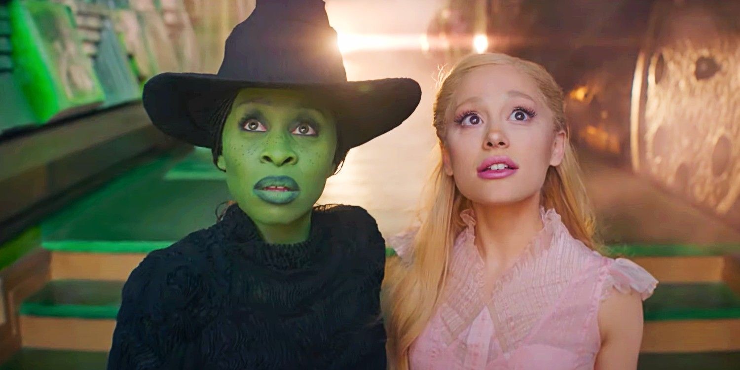 Elphaba (Cynthia Erivo) dan Glinda (Ariana Grande) melihat ke atas di Wicked