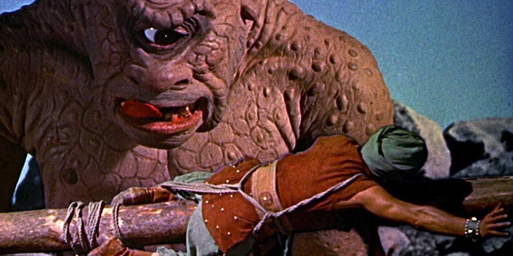 Fighting the cylops in The 7th Voyage of Sinbad