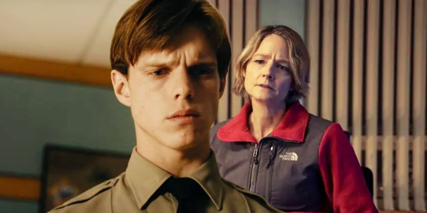 Finn Bennett frowning as Pete Prior juxtaposed with Jodie Foster as Liz Danvers in True Detective: Night Country