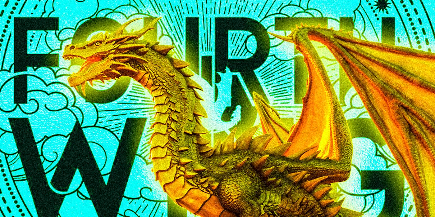 An image of a golden dragon in front of a cover of Rebecca Yarros' Fourth Wing turned blue