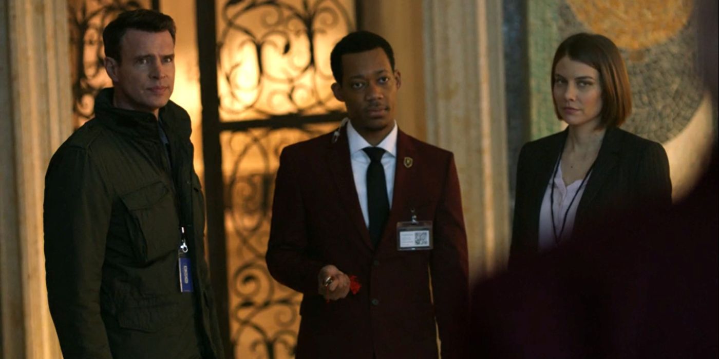 Frankie (Lauren Cohan), Will (Scott Foley), and Standish (Tyler James Williams) pretending to be a news team in the Whiskey Cavalier finale.