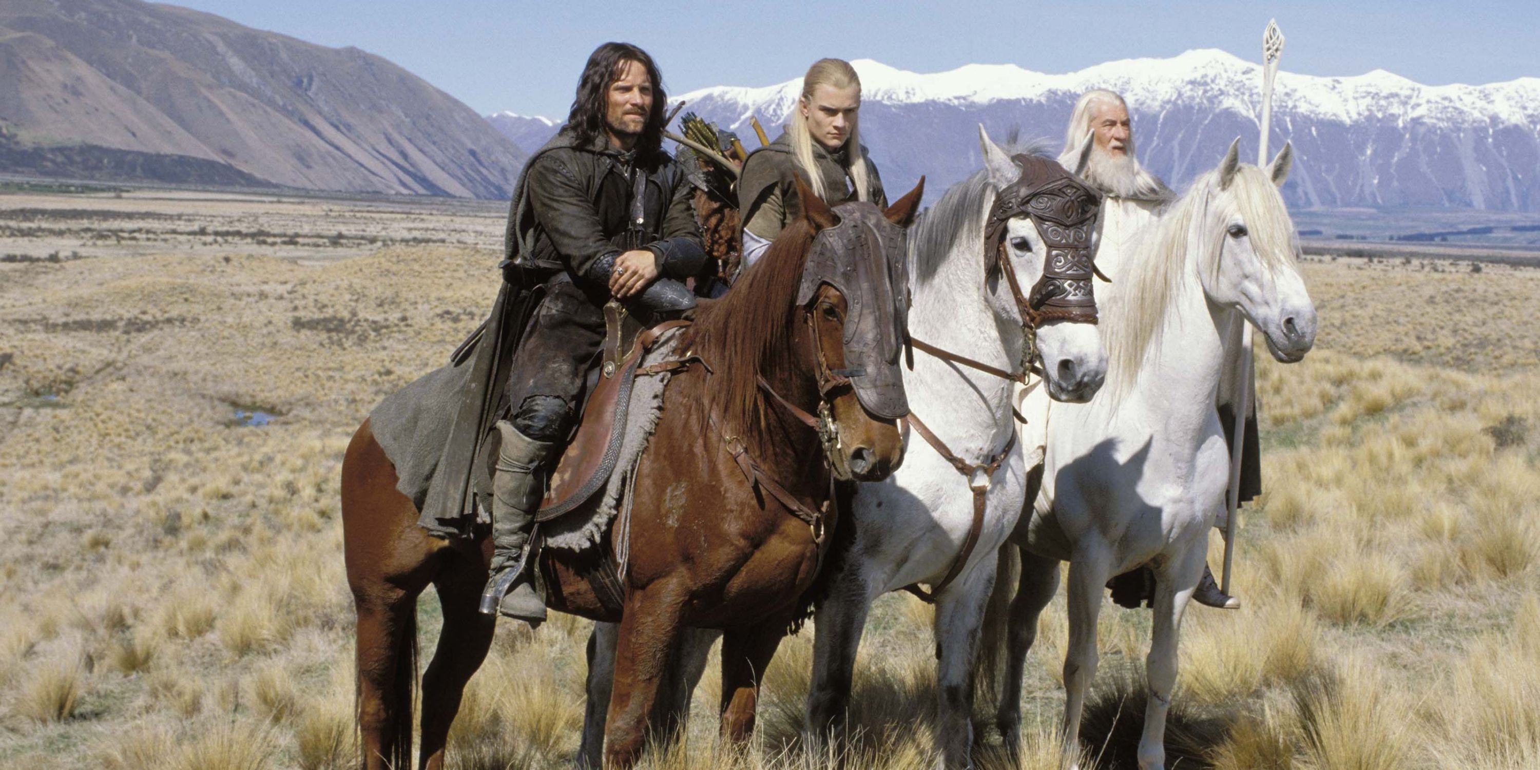 Gandalf riding Shadowfax beside Aragorn and Legolas in The Two Towers