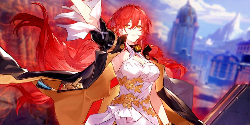 Honkai Star Rail's Himeko poses with fire behind her and Belobog blurred in the background.