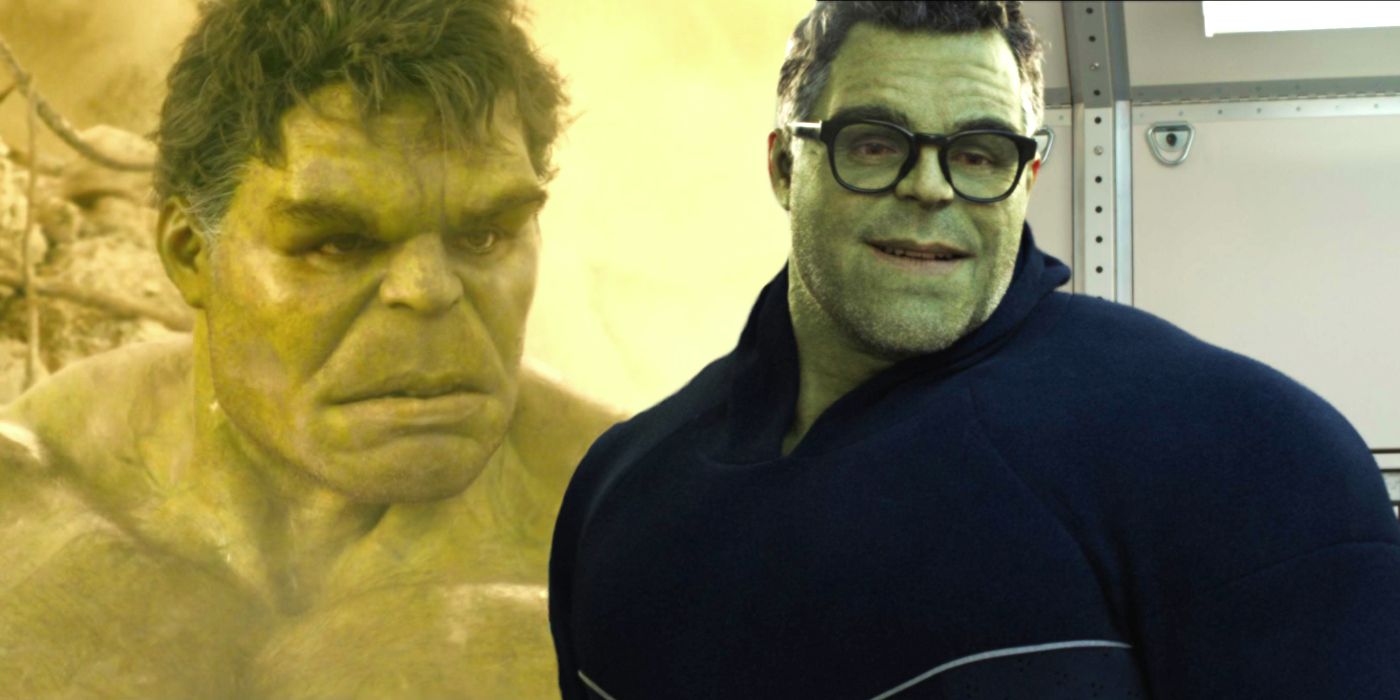 Imagen dividida de Mark Ruffalo como Hulk en Avengers: Age of Ultron y Smart Hulk en Avengers: Endgame