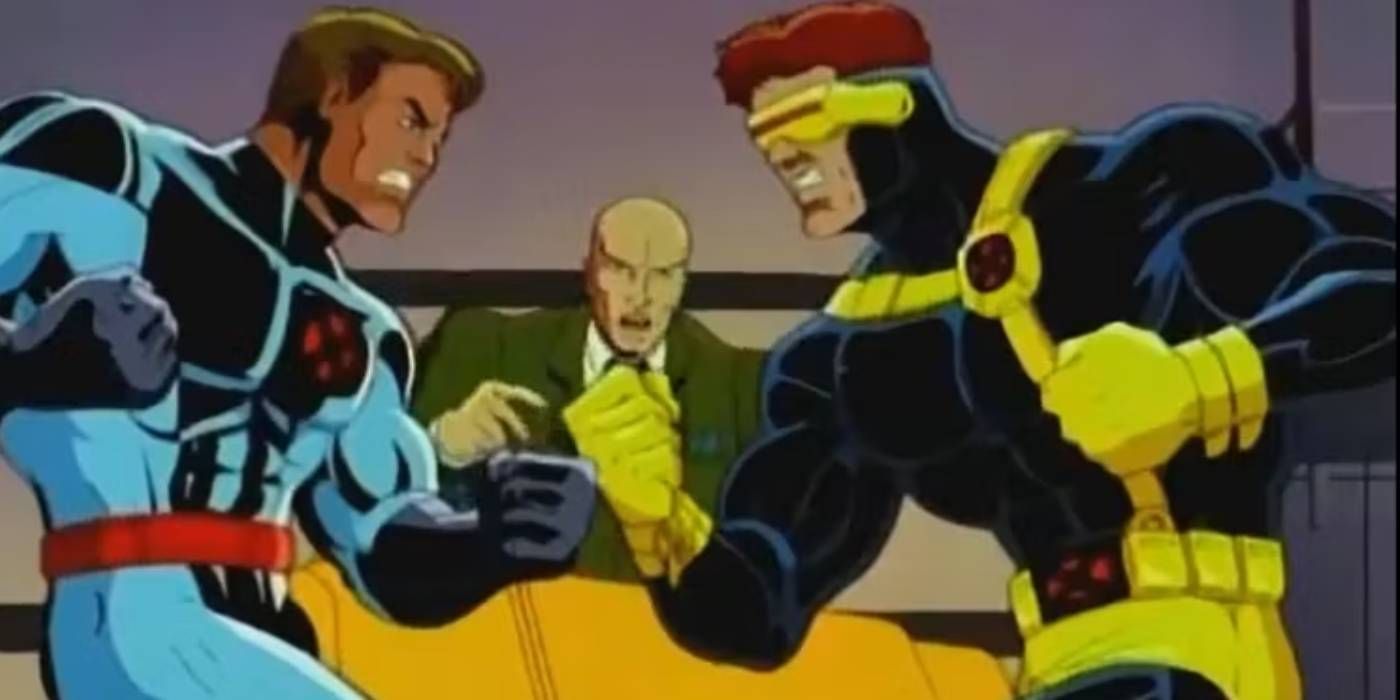 Iceman confronts Cyclops, while Professor X watches in X-Men The Animated Series