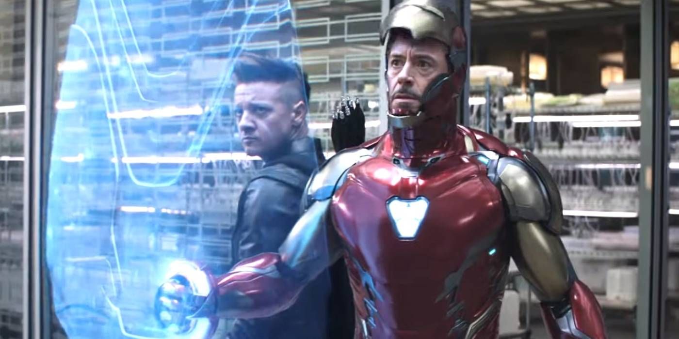 Iron Man standing in front of Hawkeye with Holoshield in Avengers: Endgame