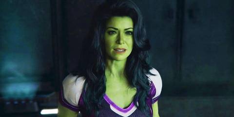 Jennifer Walters' She-Hulk breaking the fourth wall in superhero costume in She-Hulk Attorney at Law