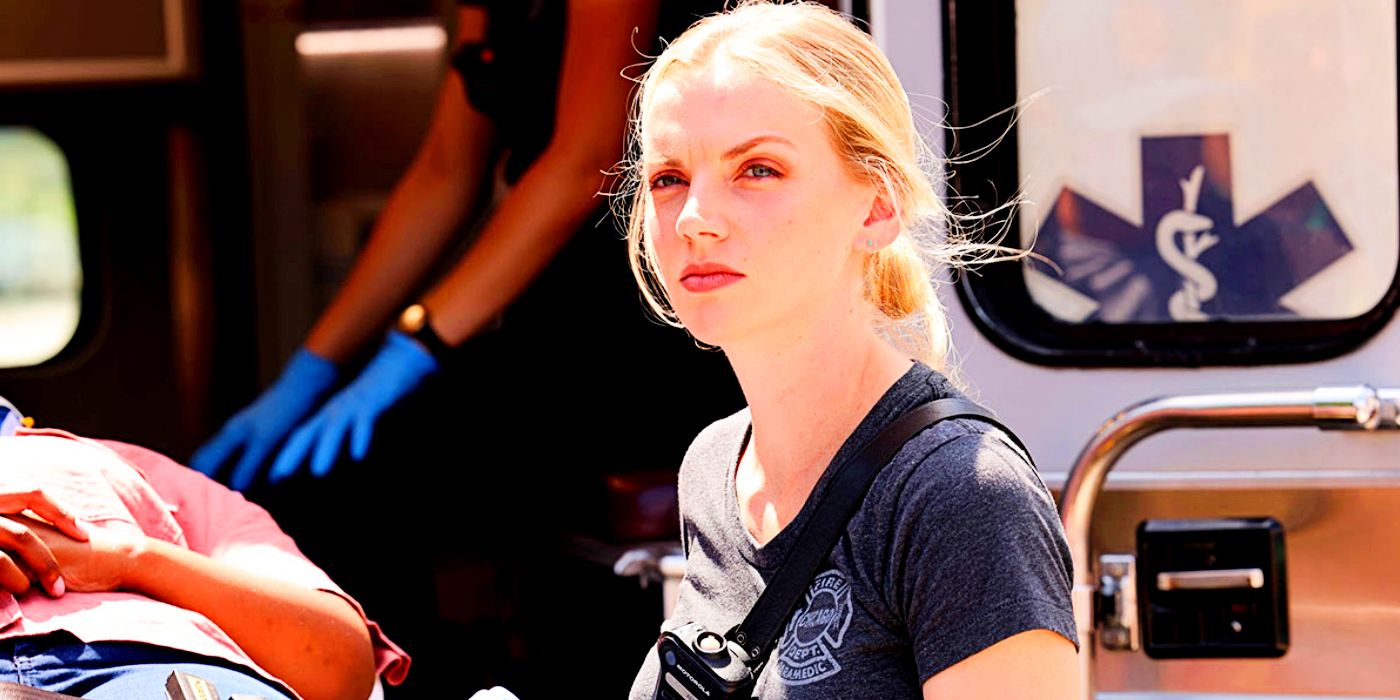 Kara Killmer as Sylvie Brett standing outside an ambulance in Chicago Fire