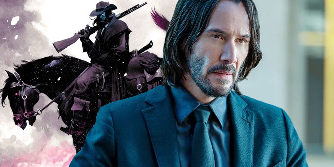 keanu reeves in john wick with brzrkr art behind him