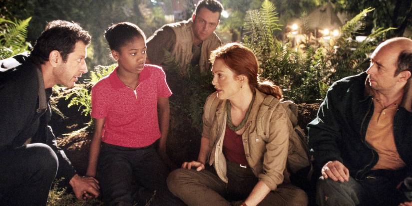 Kelly Malcolm talks with the others at the camp site in The Lost World.