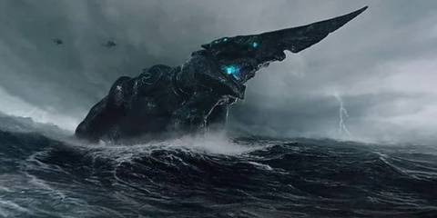 Knifehead jumping out of the ocean in Pacific Rim