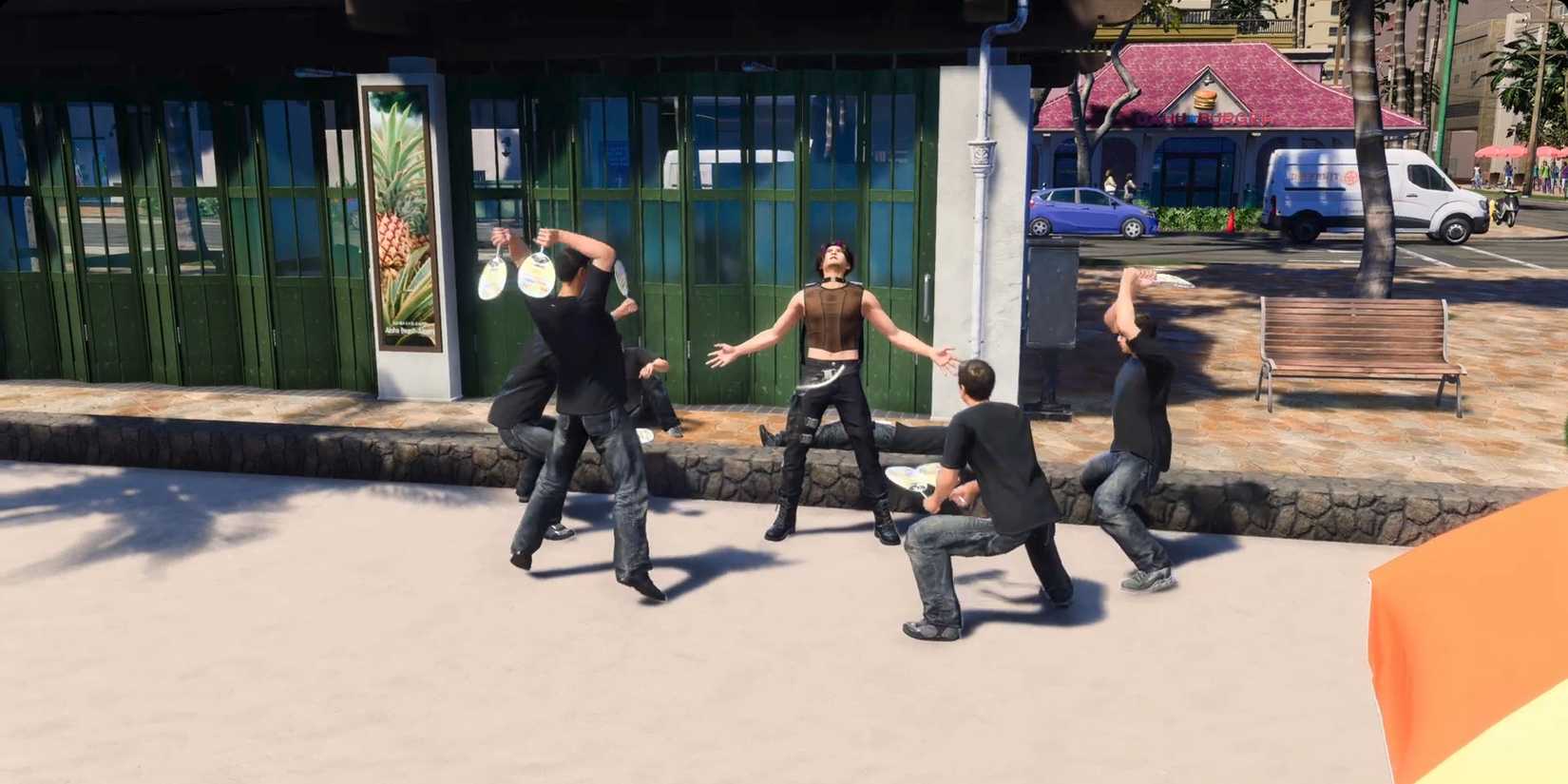 The band tries to summon a storm with hand fans in a screenshot from Like a Dragon: Infinite Wealth.