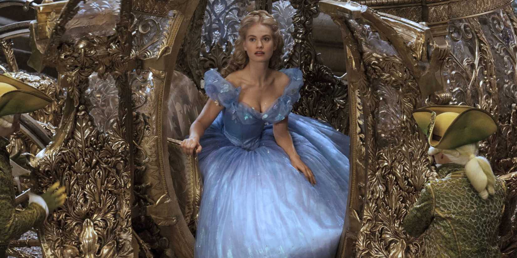 Lily James as Ella emerging from her guilded carriage in the 2015 Cinderella live action remake