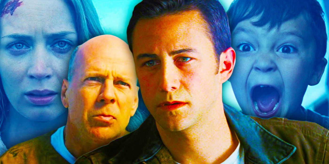 A custom image of Emily Blunt's Sara, Pierce Gagnon's Cid, and both Bruce Willis and Jason Gordon-Levitt as Joe from Looper