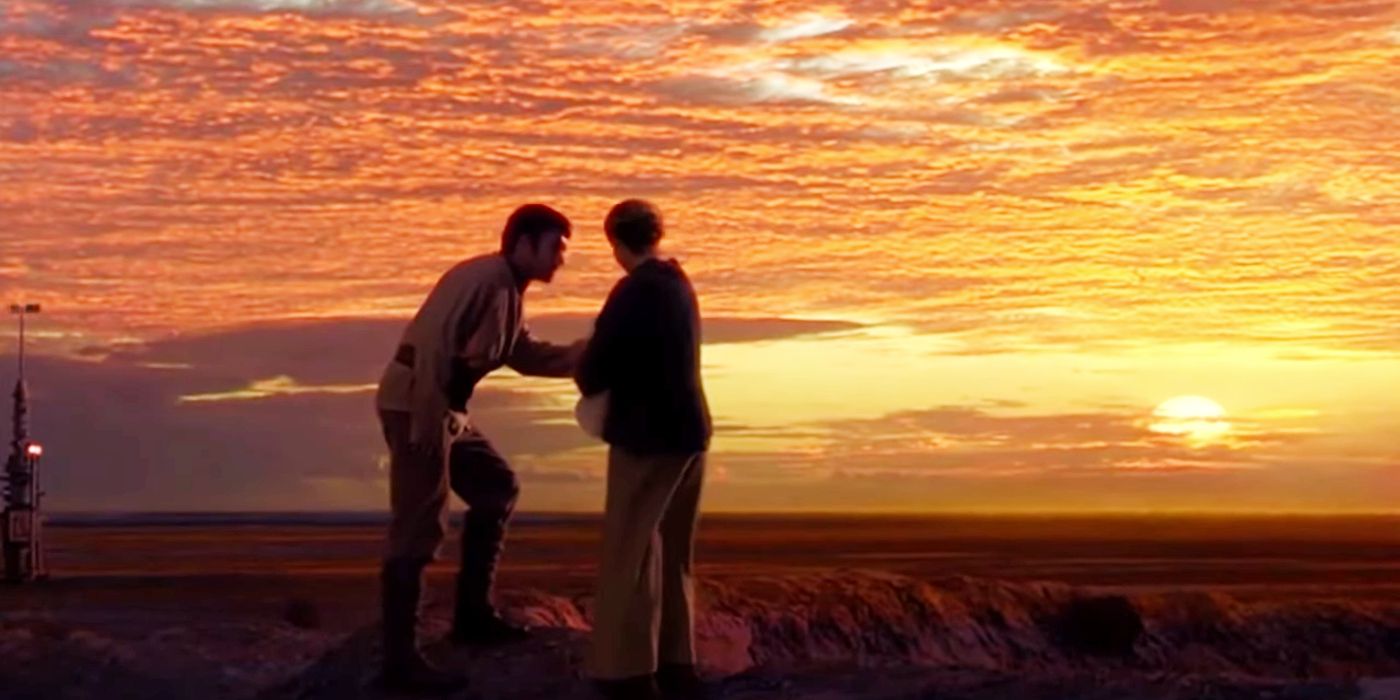 Luke's Aunt Beru and Uncle Owen holding a baby Luke in Revenge of the Sith with a Tatooine sunset in the background