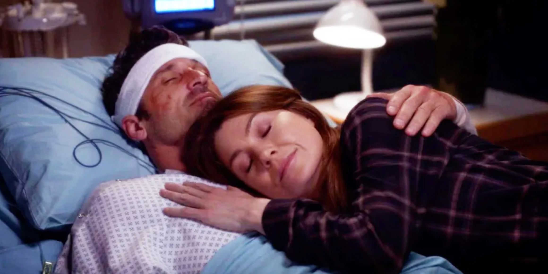 Meredith laying on Derek in a hospital bed in Greys Anatomy