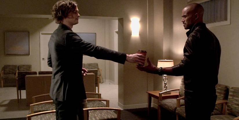 Spencer hands Morgan a coffee in Criminal Minds