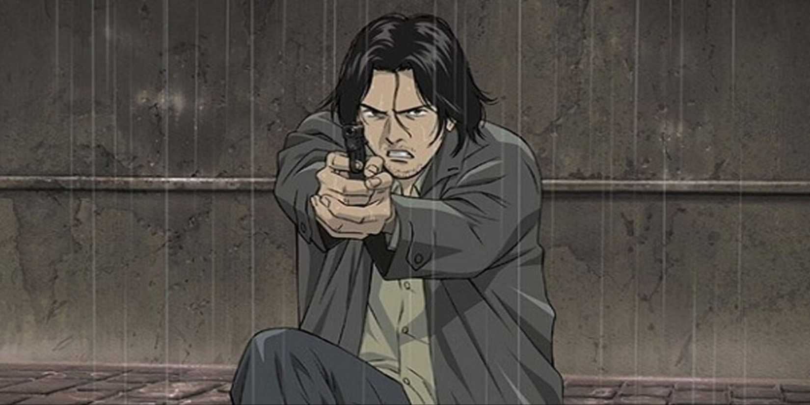 Kenzou Tenma ajoelhado e apontando uma arma em Monster. 
