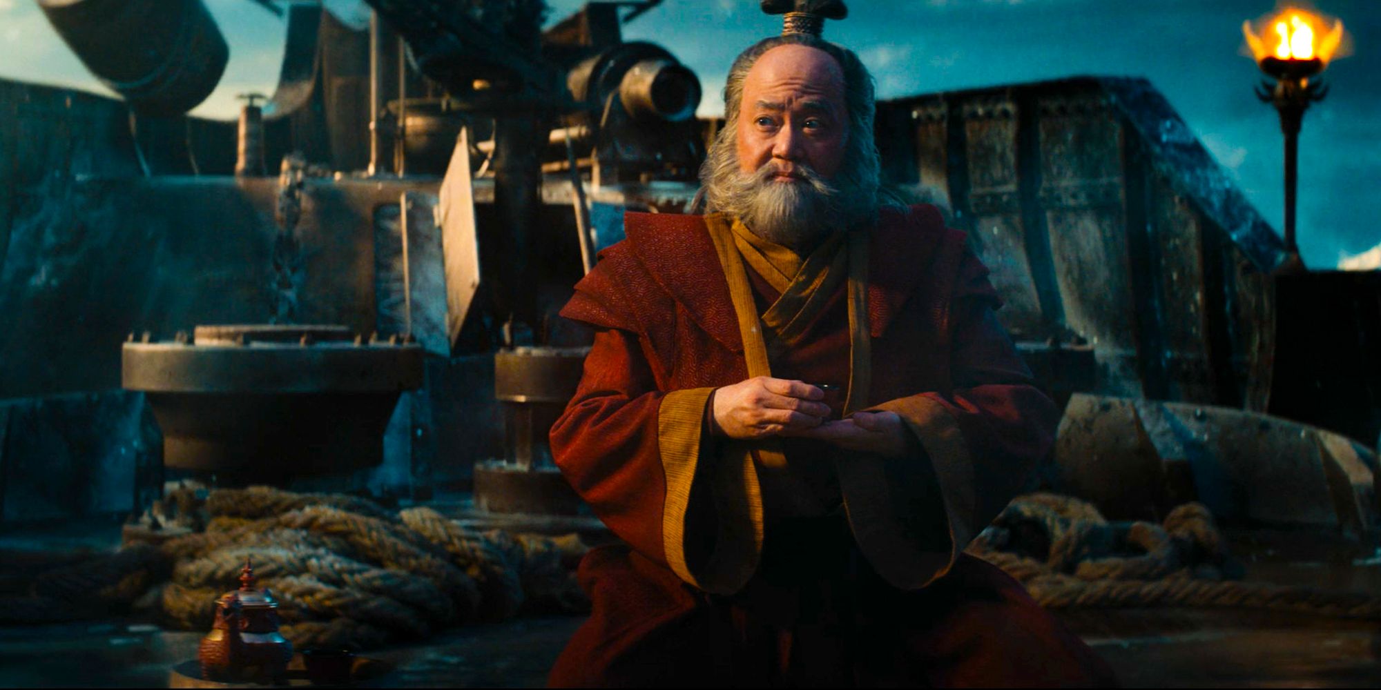 Uncle Iroh on Fire Nation boat drinking tea from Avatar the last airbender Paul Sun-Hyung Lee as Uncle Iroh