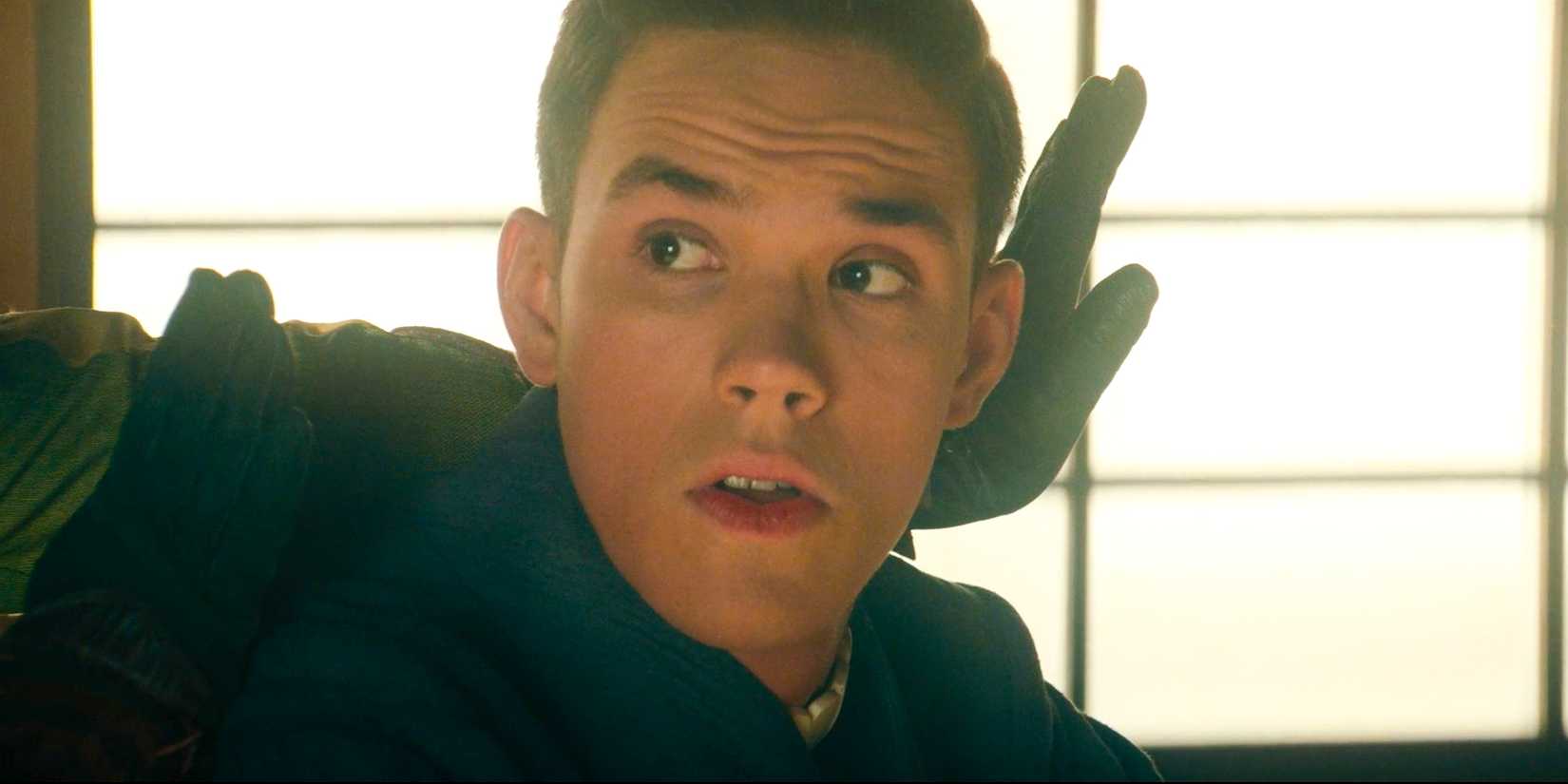 Sokka from Avatar the last airbender surprised by a kyoshi warrior's hand featuring Ian Ousley as Sokka