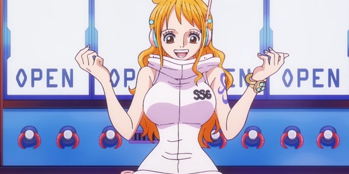 Nami looks at her new outfit in One Piece