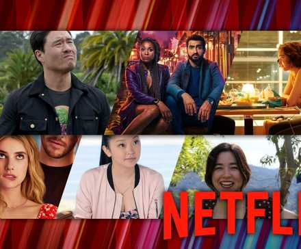 Композитное изображение с персонажами из Always Be My Maybe, Lovebirds, Love At First Sight, Holidate, To All The Boys I Loved Before и Plus One на Netflix