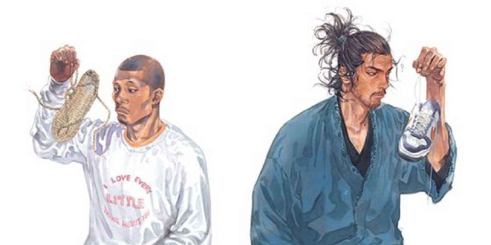 Nomiya and Musashi exchanging shoes in a full color illustration by Takehiko Inoue.