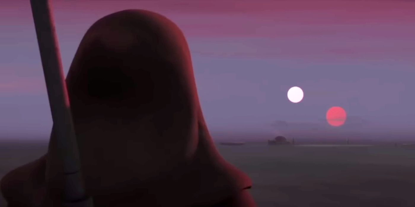 Obi-Wan Kenobi looking at the Lars homestead on Tatooine from a distance at sunset in Star Wars Rebels