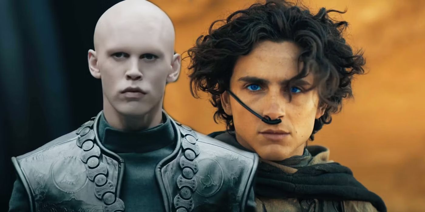 Austin Butler as Feyd-Rautha Harkonnen and Timothée Chalamet as Paul Atreides in Dune Part Two