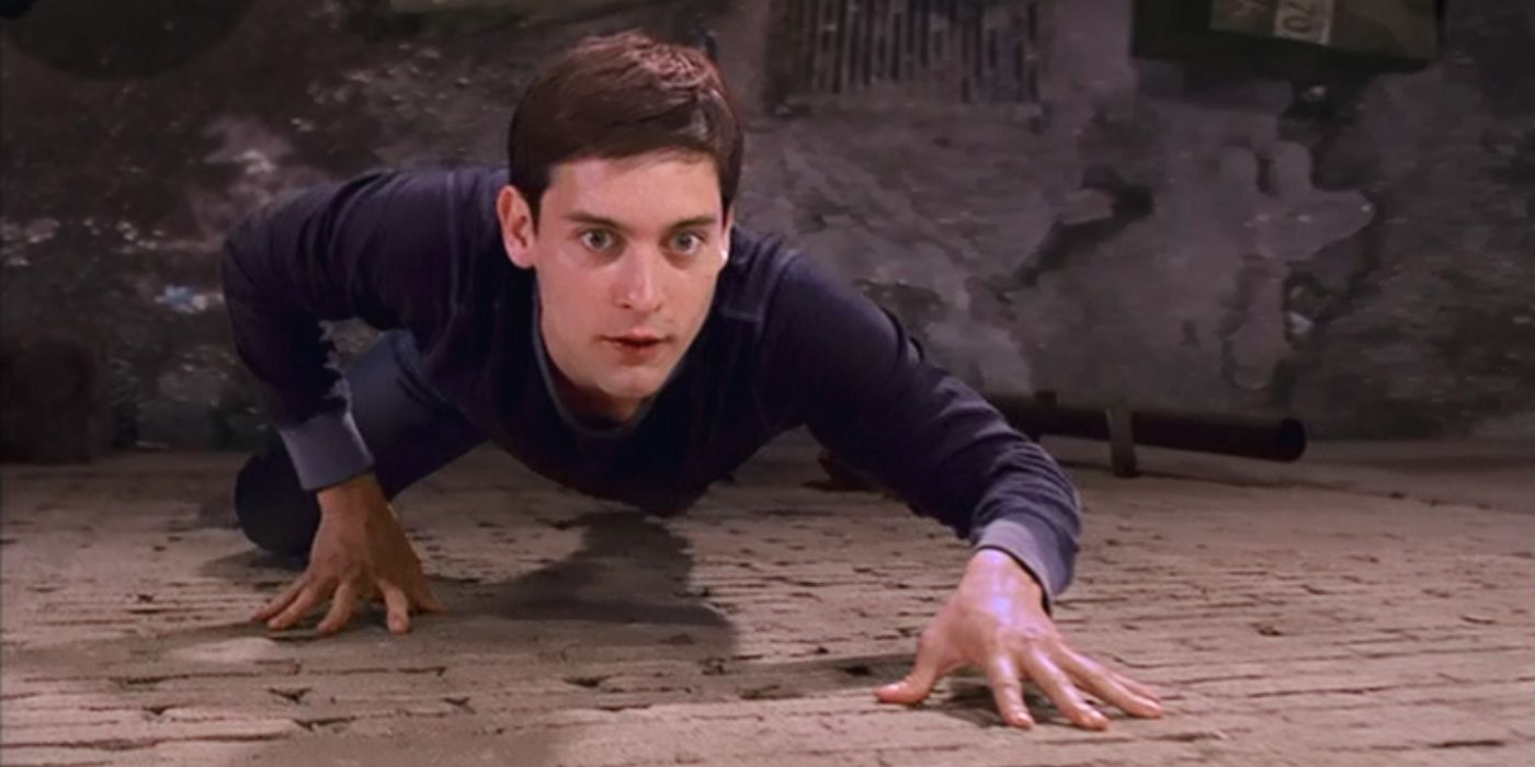 Peter Parker (Tobey Maguire) wallcrawling in Spider-Man