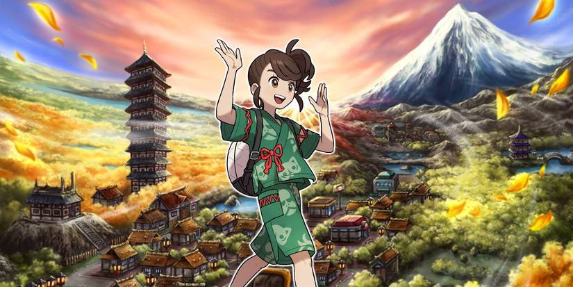 Pokémon Scarlet and Violet's Juliana in her Teal Mask DLC outfit in front of artwork of Johto's Ecruteak City.