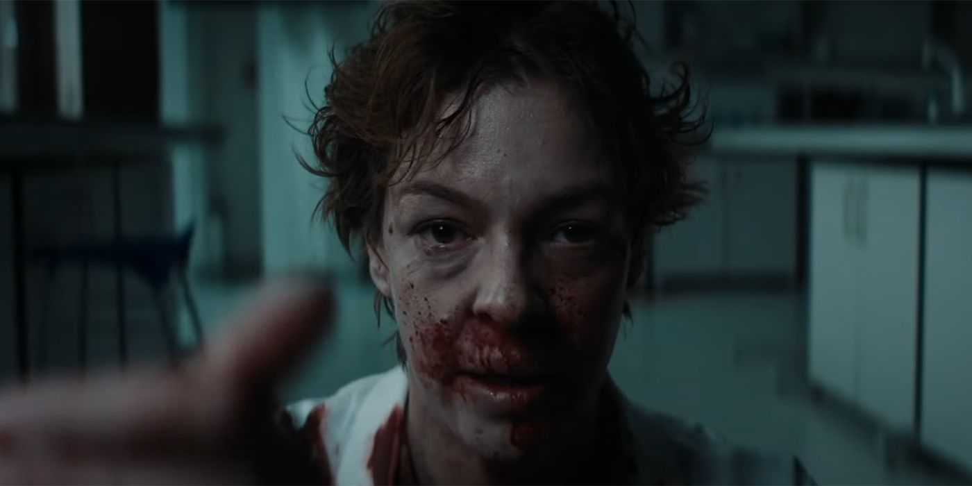 Pollyanna McIntosh as Dr. Burke looking bloody in Double Blind