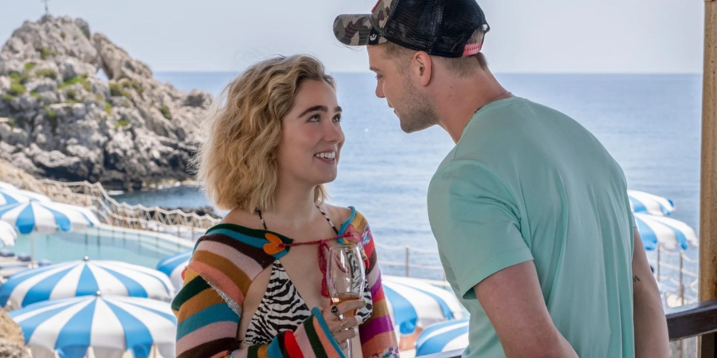 Portia (Haley Lu Richardson) smiling and talking to Jack (Leo Woodall) in The White Lotus season 2 episode 4.