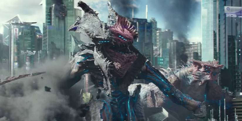 Raijin and Shrikethorn crashing through the city in Pacific Rim Uprising