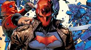 Red Hood standing in front of Red Hood using katana and wearing his hood