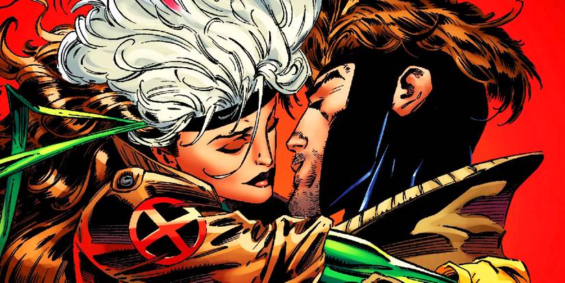 Comic book art: Rogue and Gambit kissing in Marvel Comics