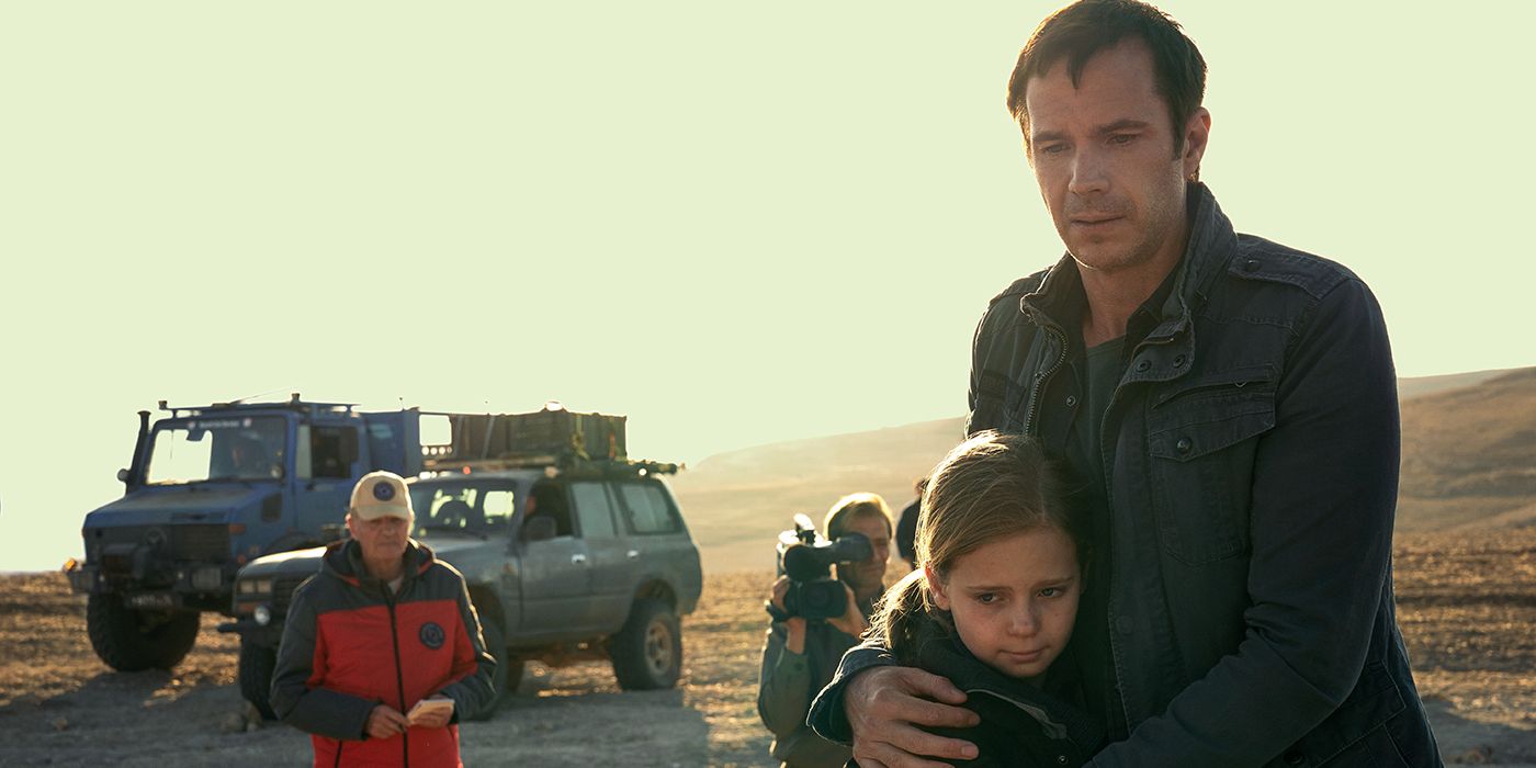 Rosie Coleman and James D'Arcy looking worried in Constellation